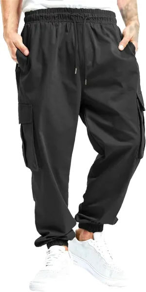 Men's Elastic Waist Straight Leg Cargo Pants Lightweight Baggy Work Trousers Casual Drawstring Solid Summer Pants
