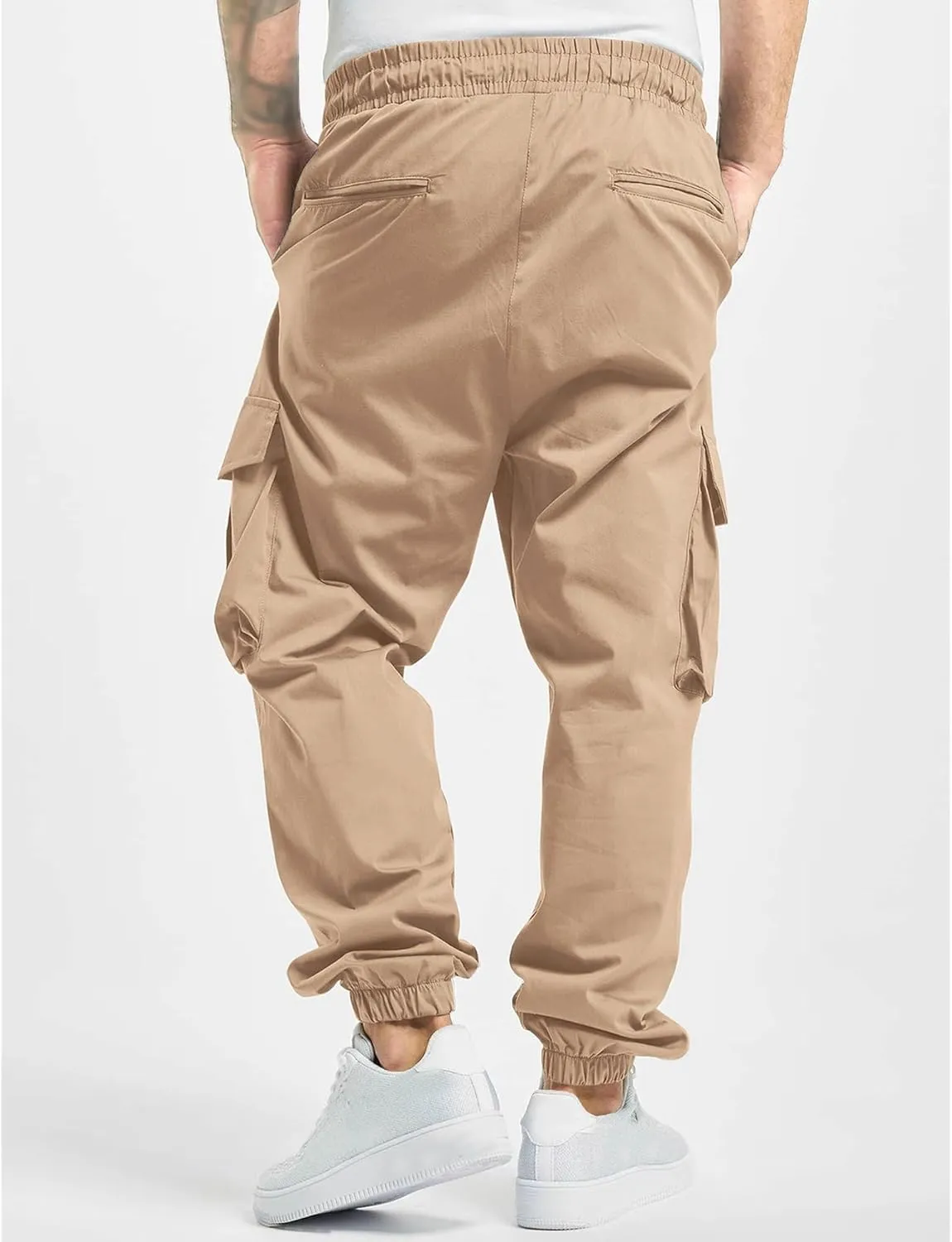 Men's Elastic Waist Straight Leg Cargo Pants Lightweight Baggy Work Trousers Casual Drawstring Solid Summer Pants
