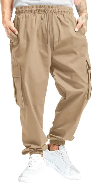 Men's Elastic Waist Straight Leg Cargo Pants Lightweight Baggy Work Trousers Casual Drawstring Solid Summer Pants