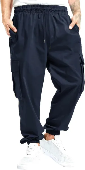 Men's Elastic Waist Straight Leg Cargo Pants Lightweight Baggy Work Trousers Casual Drawstring Solid Summer Pants