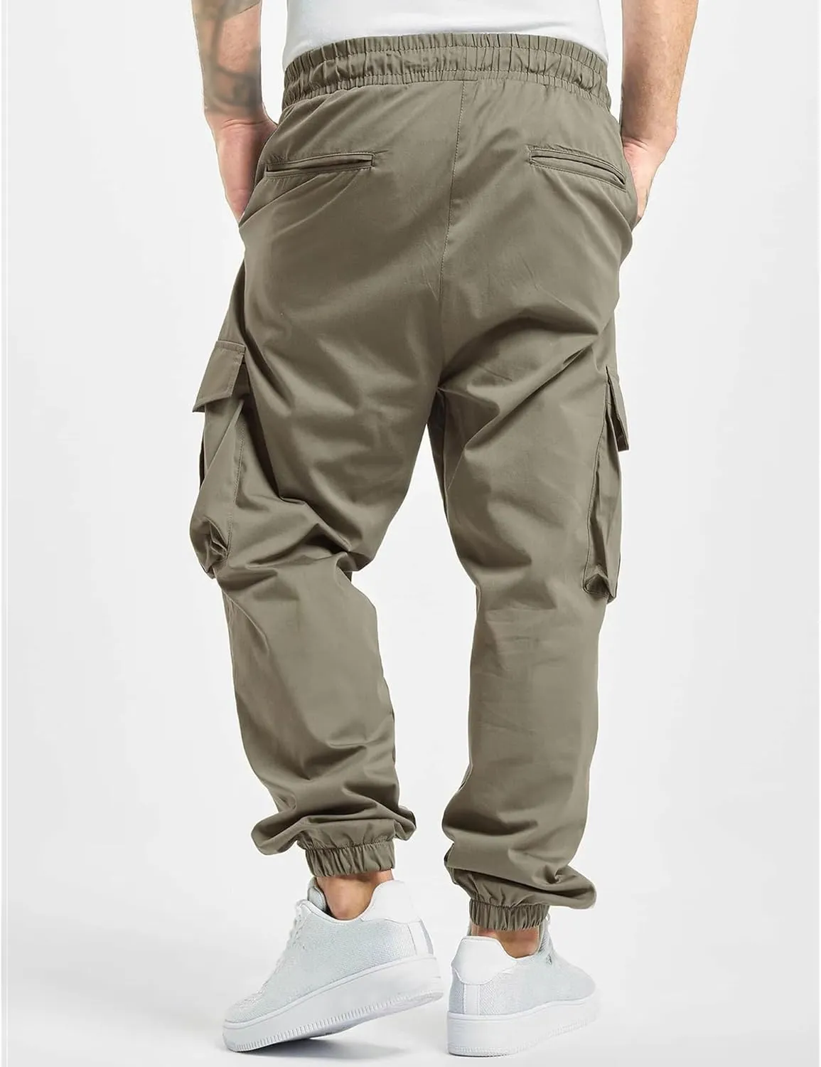 Men's Elastic Waist Straight Leg Cargo Pants Lightweight Baggy Work Trousers Casual Drawstring Solid Summer Pants