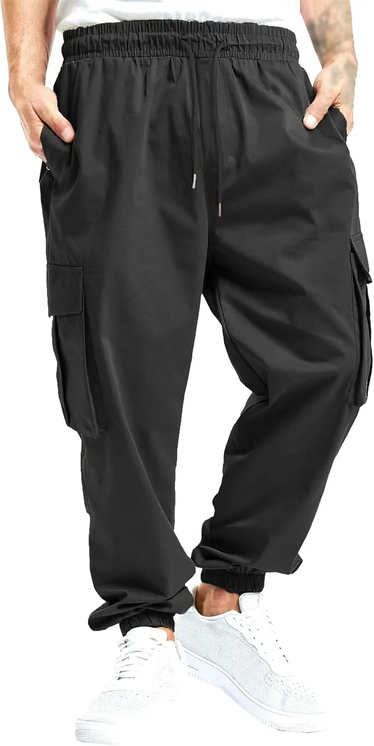 Men's Elastic Waist Straight Leg Cargo Pants Lightweight Baggy Work Trousers Casual Drawstring Solid Summer Pants
