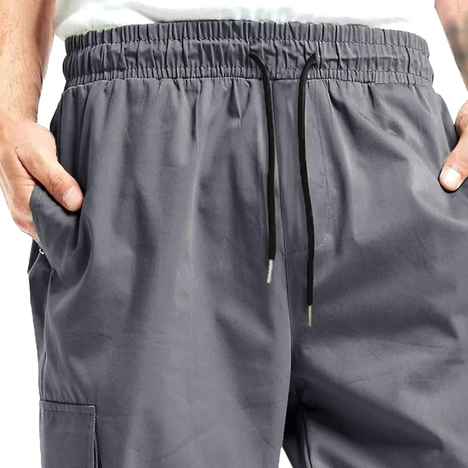 Men's Elastic Waist Straight Leg Cargo Pants Lightweight Baggy Work Trousers Casual Drawstring Solid Summer Pants