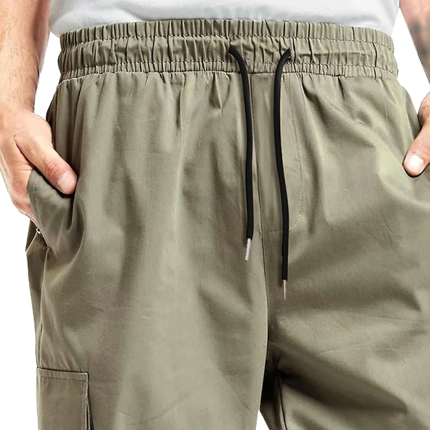 Men's Elastic Waist Straight Leg Cargo Pants Lightweight Baggy Work Trousers Casual Drawstring Solid Summer Pants