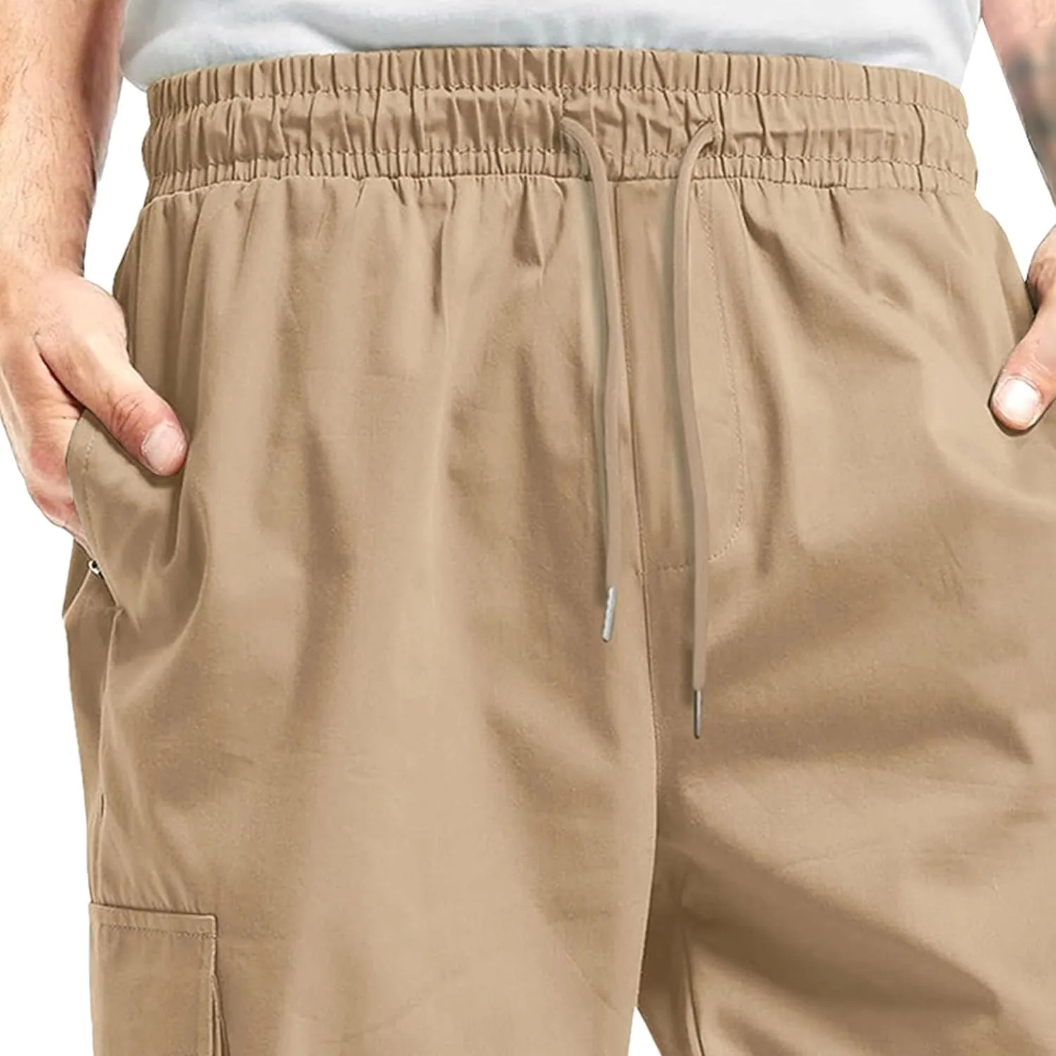 Men's Elastic Waist Straight Leg Cargo Pants Lightweight Baggy Work Trousers Casual Drawstring Solid Summer Pants