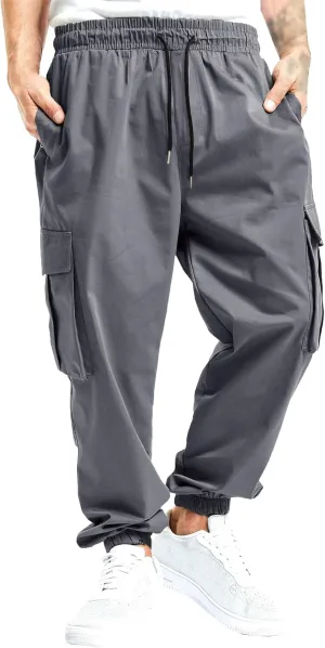 Men's Elastic Waist Straight Leg Cargo Pants Lightweight Baggy Work Trousers Casual Drawstring Solid Summer Pants