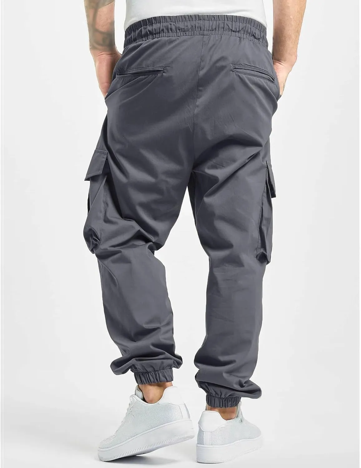 Men's Elastic Waist Straight Leg Cargo Pants Lightweight Baggy Work Trousers Casual Drawstring Solid Summer Pants