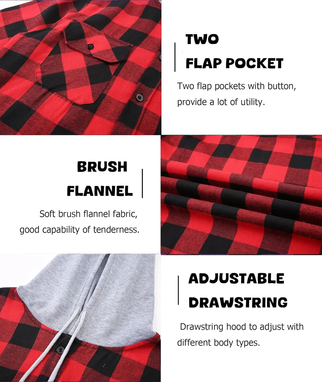Mens Flannel Shirts Long Sleeve, Flannel Hoodie for Men Casual Button Down Shirt Jacket Plaid Work Shirts