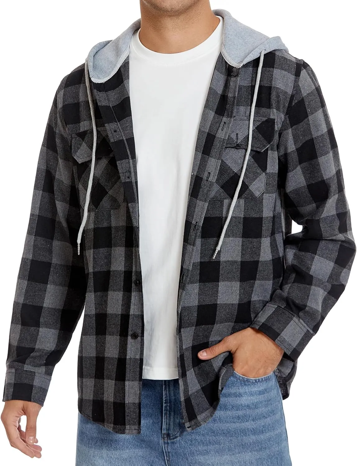 Mens Flannel Shirts Long Sleeve, Flannel Hoodie for Men Casual Button Down Shirt Jacket Plaid Work Shirts