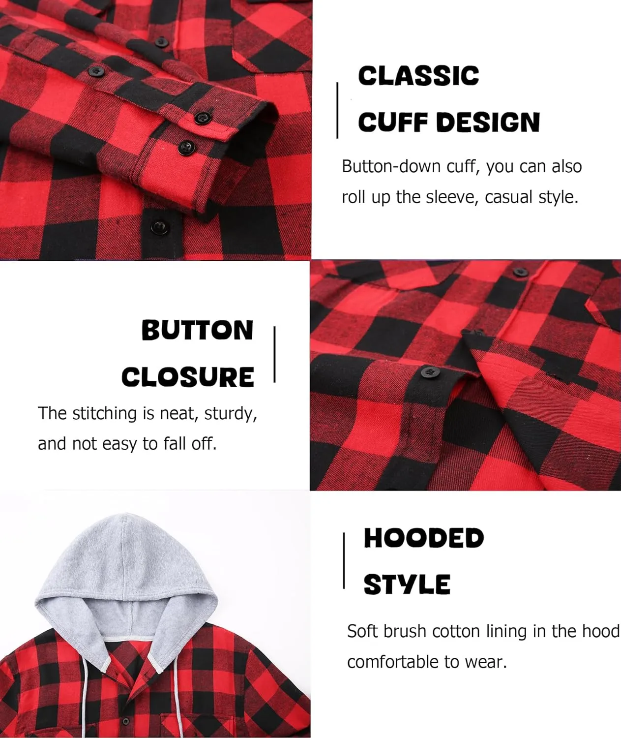Mens Flannel Shirts Long Sleeve, Flannel Hoodie for Men Casual Button Down Shirt Jacket Plaid Work Shirts