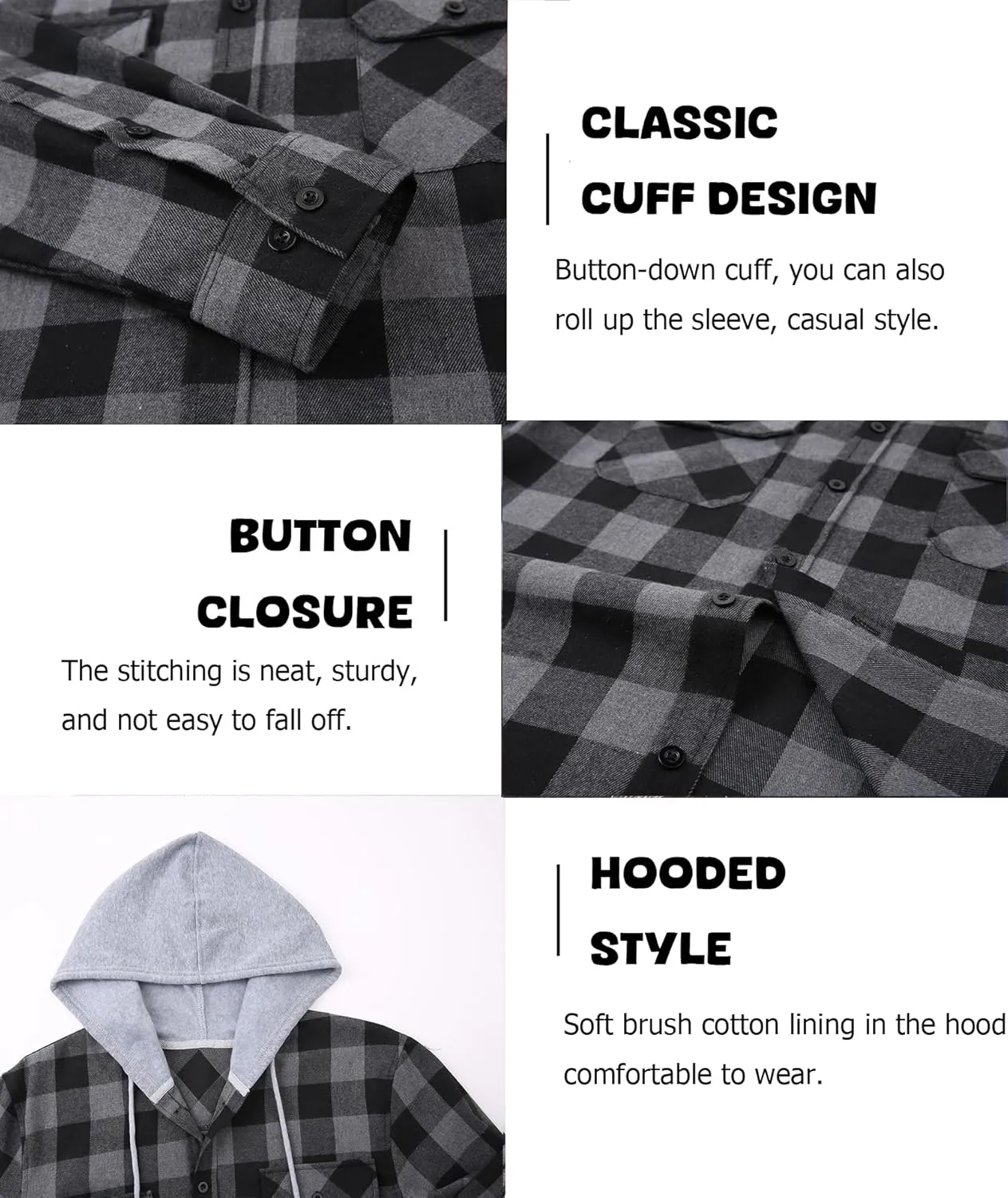 Mens Flannel Shirts Long Sleeve, Flannel Hoodie for Men Casual Button Down Shirt Jacket Plaid Work Shirts