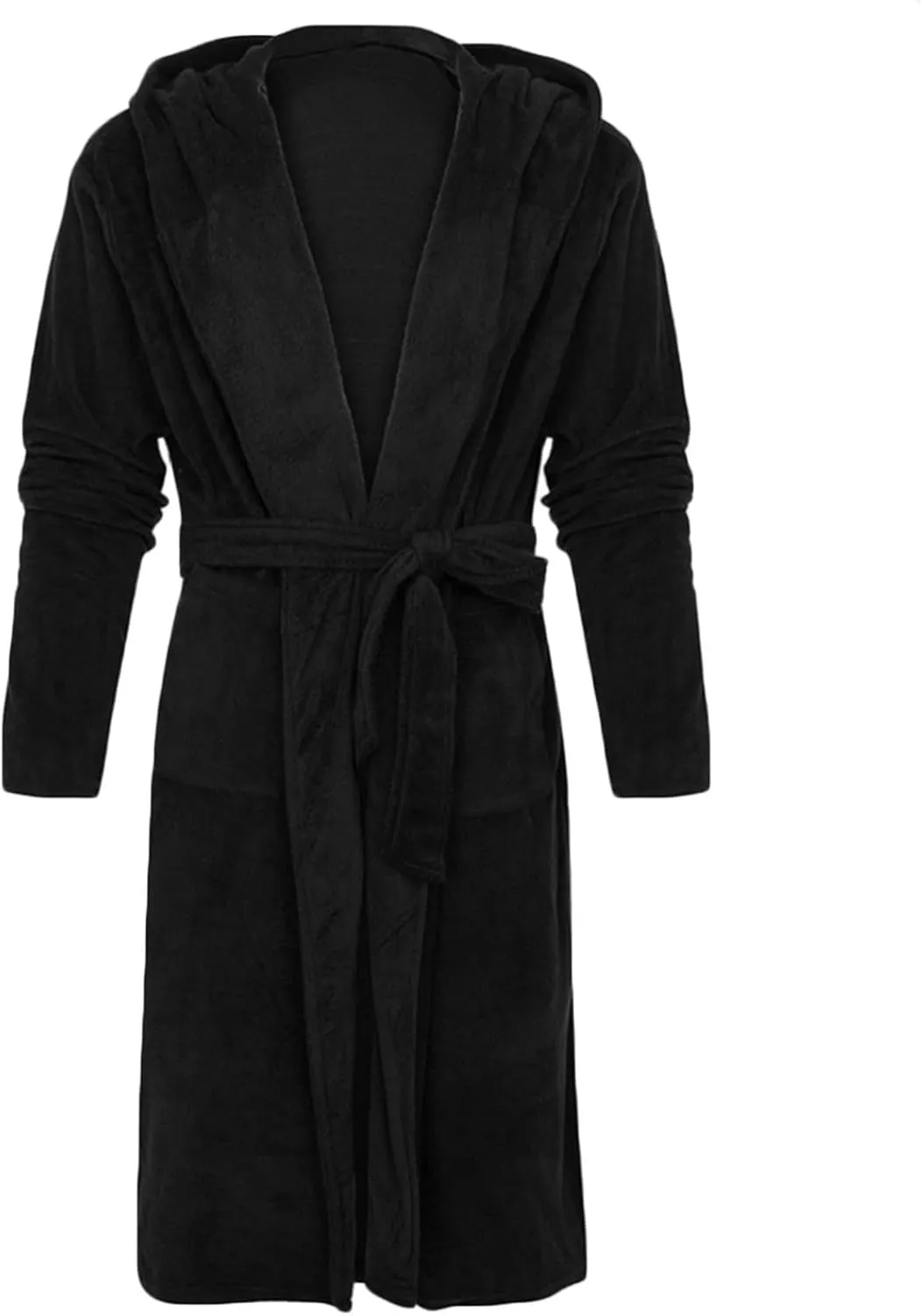 Mens Fleece Hooded Robe Plush Collar Shawl Bathrobe Soft Warm Long Sleeve Knee Length Bathrobes for Spa and Housewear