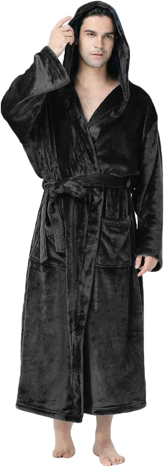 Mens Fleece Hooded Robe Plush Collar Shawl Bathrobe Soft Warm Long Sleeve Knee Length Bathrobes for Spa and Housewear