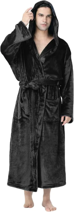 Mens Fleece Hooded Robe Plush Collar Shawl Bathrobe Soft Warm Long Sleeve Knee Length Bathrobes for Spa and Housewear