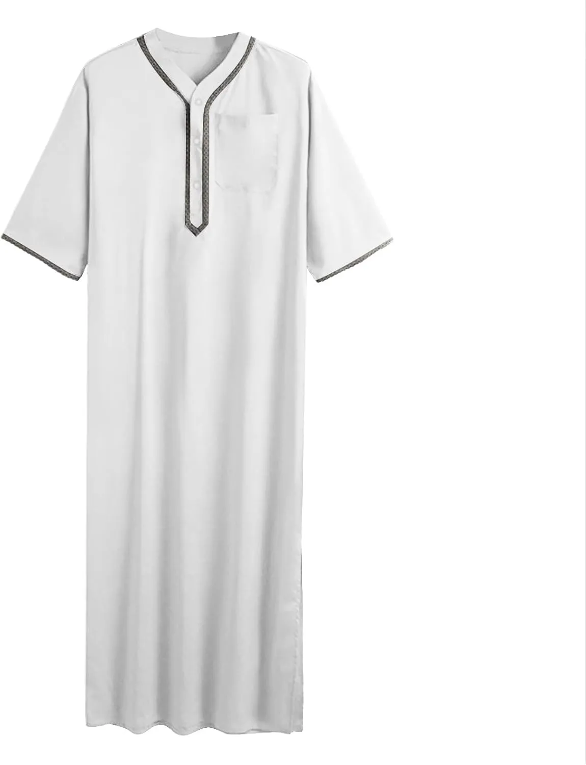 Mens Kaftan Button Up Robe Linen Loungewear V Neck Long Night Gown Shirt Thobe Short Sleeve Casual Shirt for Beach Summer