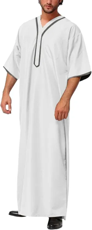Mens Kaftan Button Up Robe Linen Loungewear V Neck Long Night Gown Shirt Thobe Short Sleeve Casual Shirt for Beach Summer