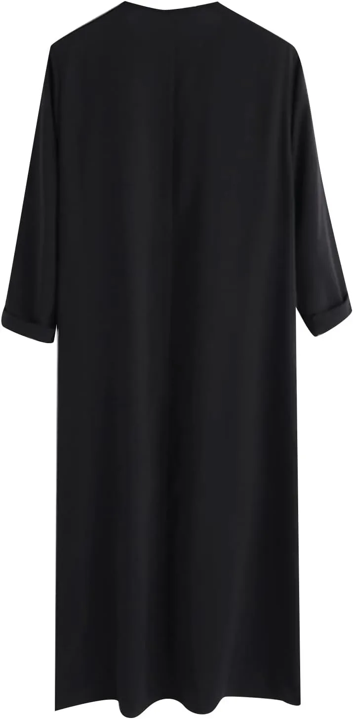 Men's Kaftan Long Sleeve Zip Up Crew Neck Muslim Robe Thobe Long Gown Muslim Middle East Kaftan Dresses with Pockets