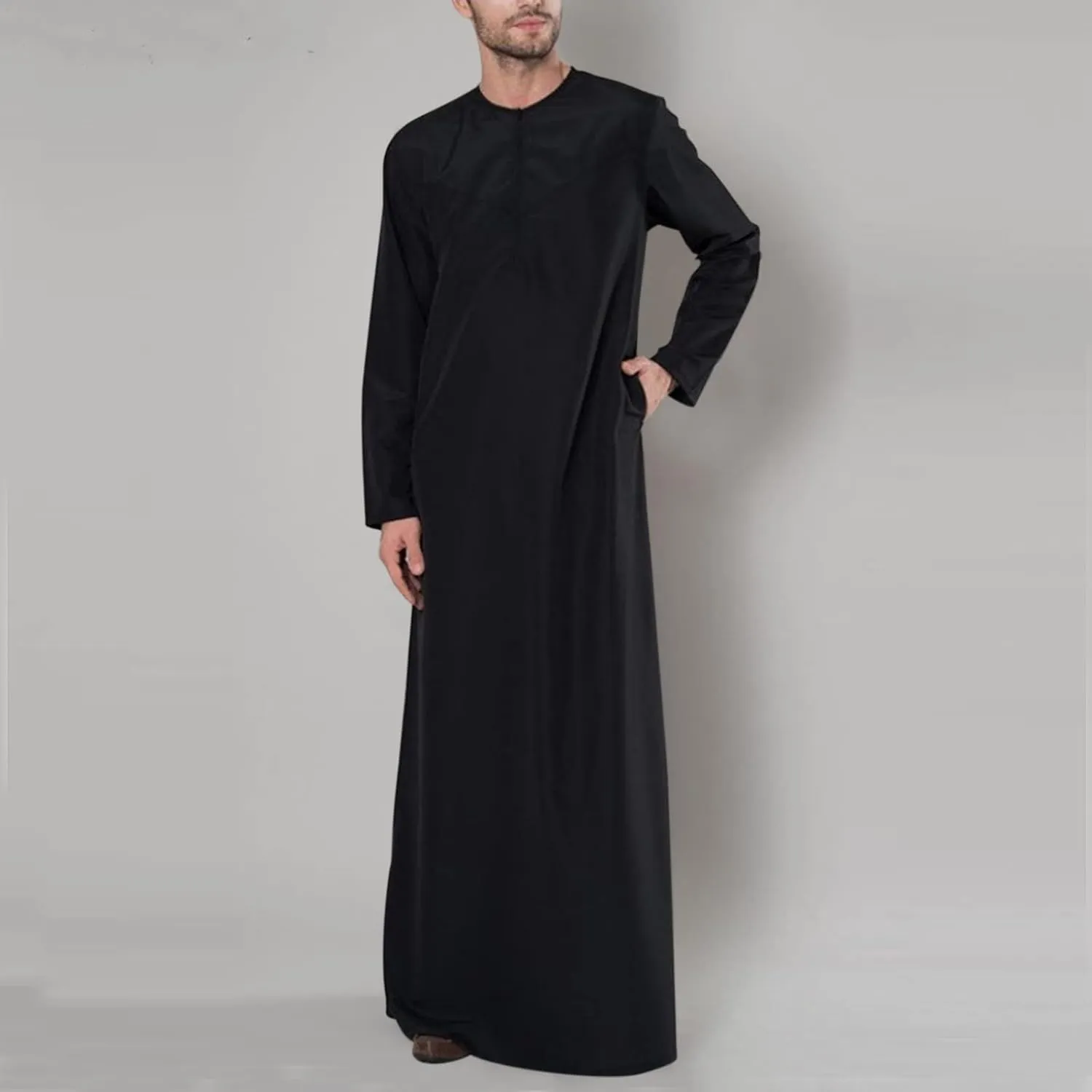Men's Kaftan Long Sleeve Zip Up Crew Neck Muslim Robe Thobe Long Gown Muslim Middle East Kaftan Dresses with Pockets