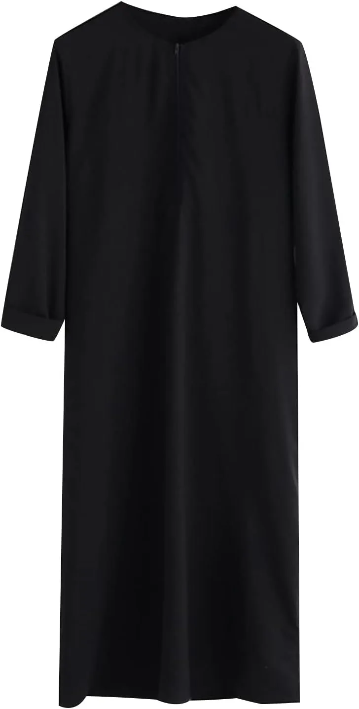 Men's Kaftan Long Sleeve Zip Up Crew Neck Muslim Robe Thobe Long Gown Muslim Middle East Kaftan Dresses with Pockets