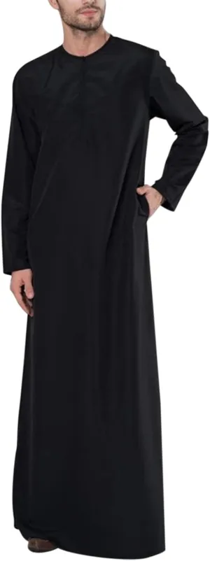 Men's Kaftan Long Sleeve Zip Up Crew Neck Muslim Robe Thobe Long Gown Muslim Middle East Kaftan Dresses with Pockets