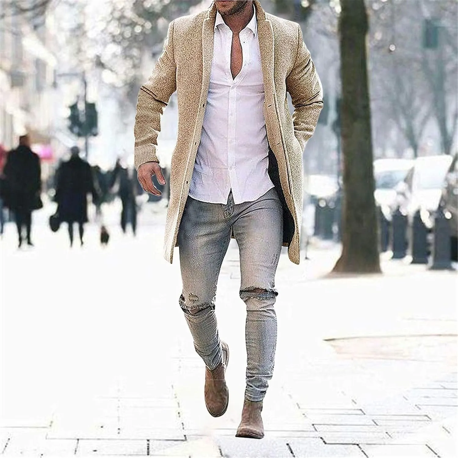 Men's Notch Lapel Double Breasted Long Trench Coat Men's Solid Color Lengthened Notched Lapel Collar Single Breasted