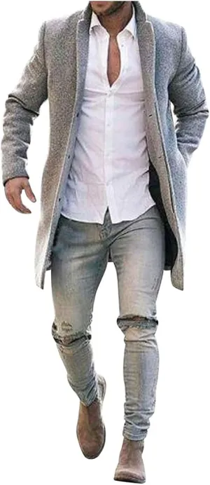 Men's Notch Lapel Double Breasted Long Trench Coat Men's Solid Color Lengthened Notched Lapel Collar Single Breasted