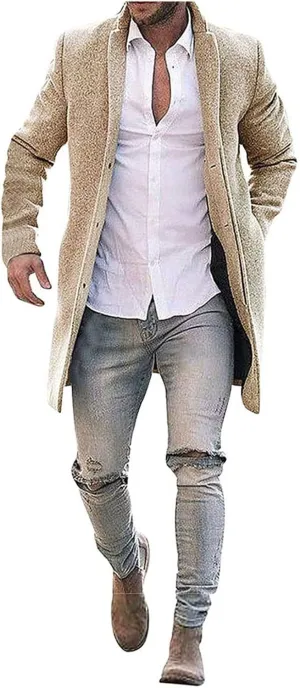 Men's Notch Lapel Double Breasted Long Trench Coat Men's Solid Color Lengthened Notched Lapel Collar Single Breasted