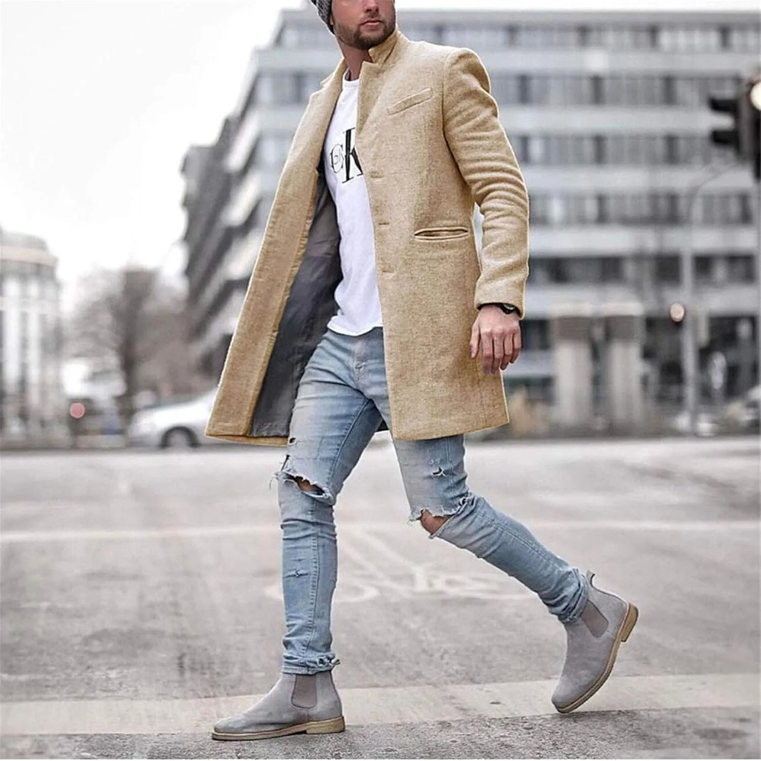 Men's Notch Lapel Double Breasted Long Trench Coat Men's Solid Color Lengthened Notched Lapel Collar Single Breasted