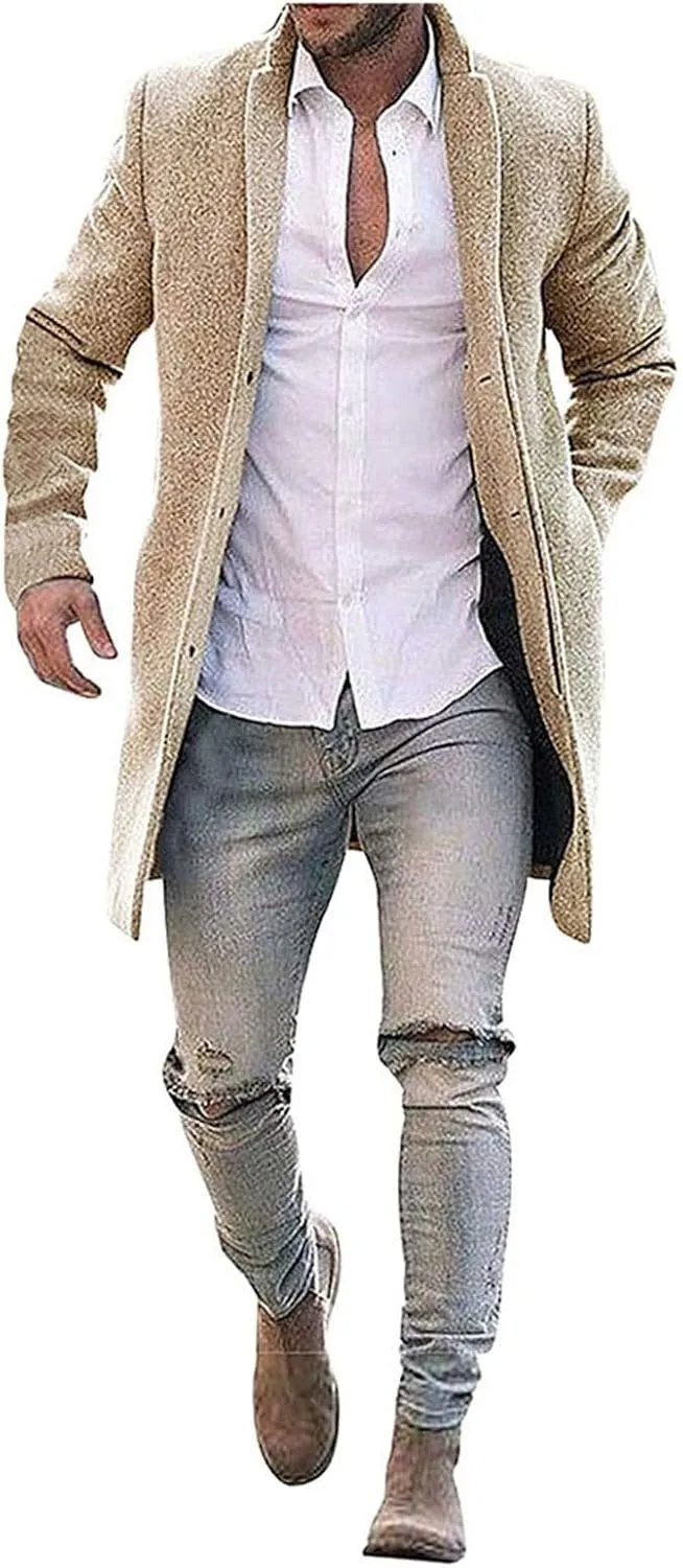 Men's Notch Lapel Double Breasted Long Trench Coat Men's Solid Color Lengthened Notched Lapel Collar Single Breasted