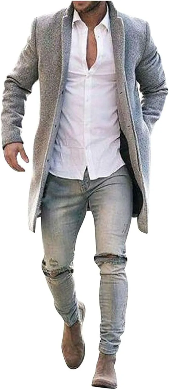 Men's Notch Lapel Double Breasted Long Trench Coat Men's Solid Color Lengthened Notched Lapel Collar Single Breasted
