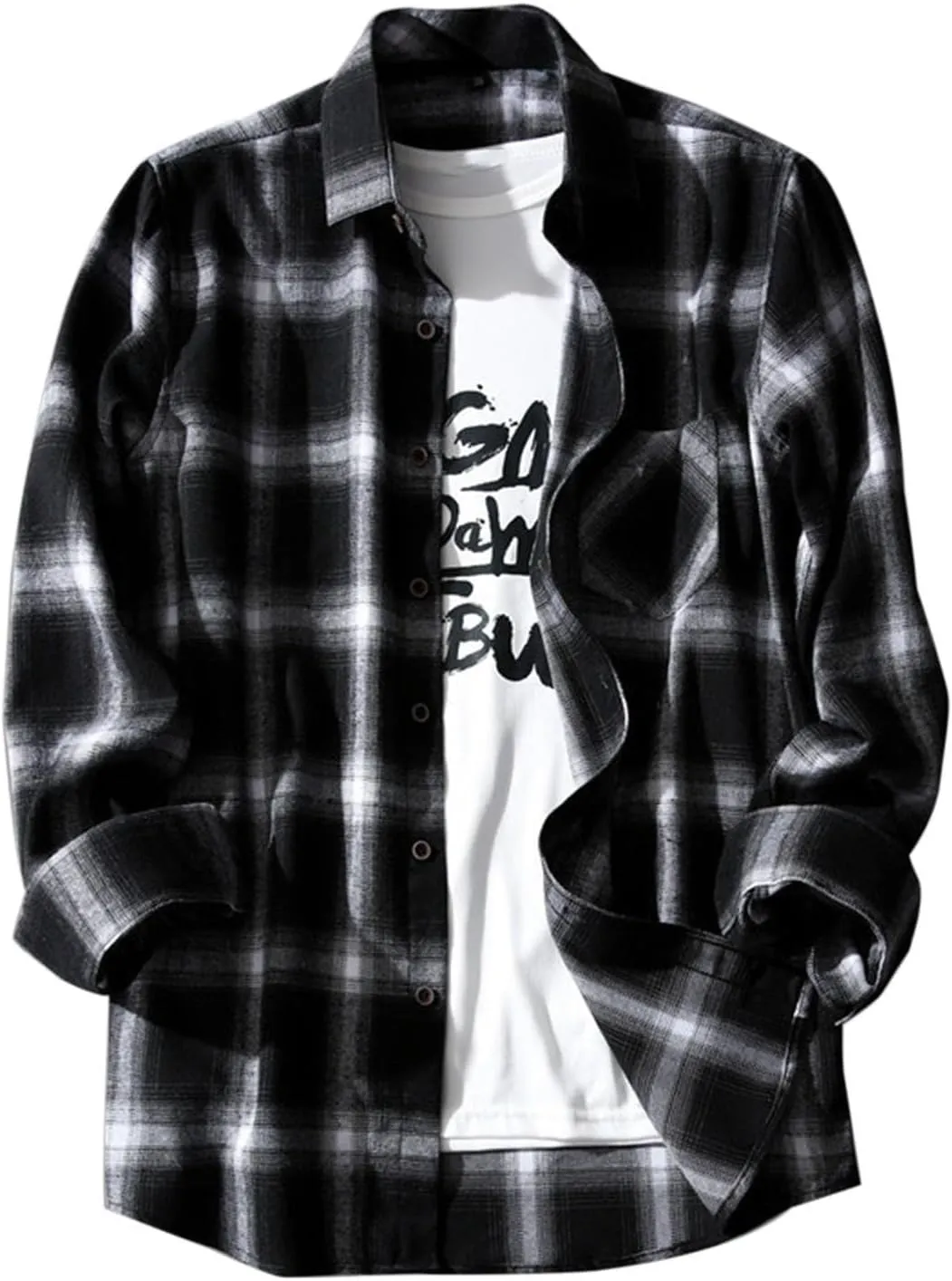 Mens Plaid Shirt Long Sleeve Button Down Lapel Collar Coat Casual Loose Jacket with Pockets Fall and Winter