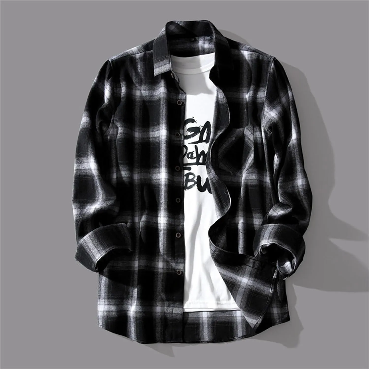 Mens Plaid Shirt Long Sleeve Button Down Lapel Collar Coat Casual Loose Jacket with Pockets Fall and Winter