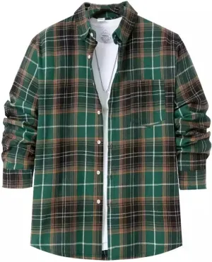 Mens Plaid Shirt Long Sleeve Button Down Lapel Collar Coat Casual Loose Jacket with Pockets Fall and Winter