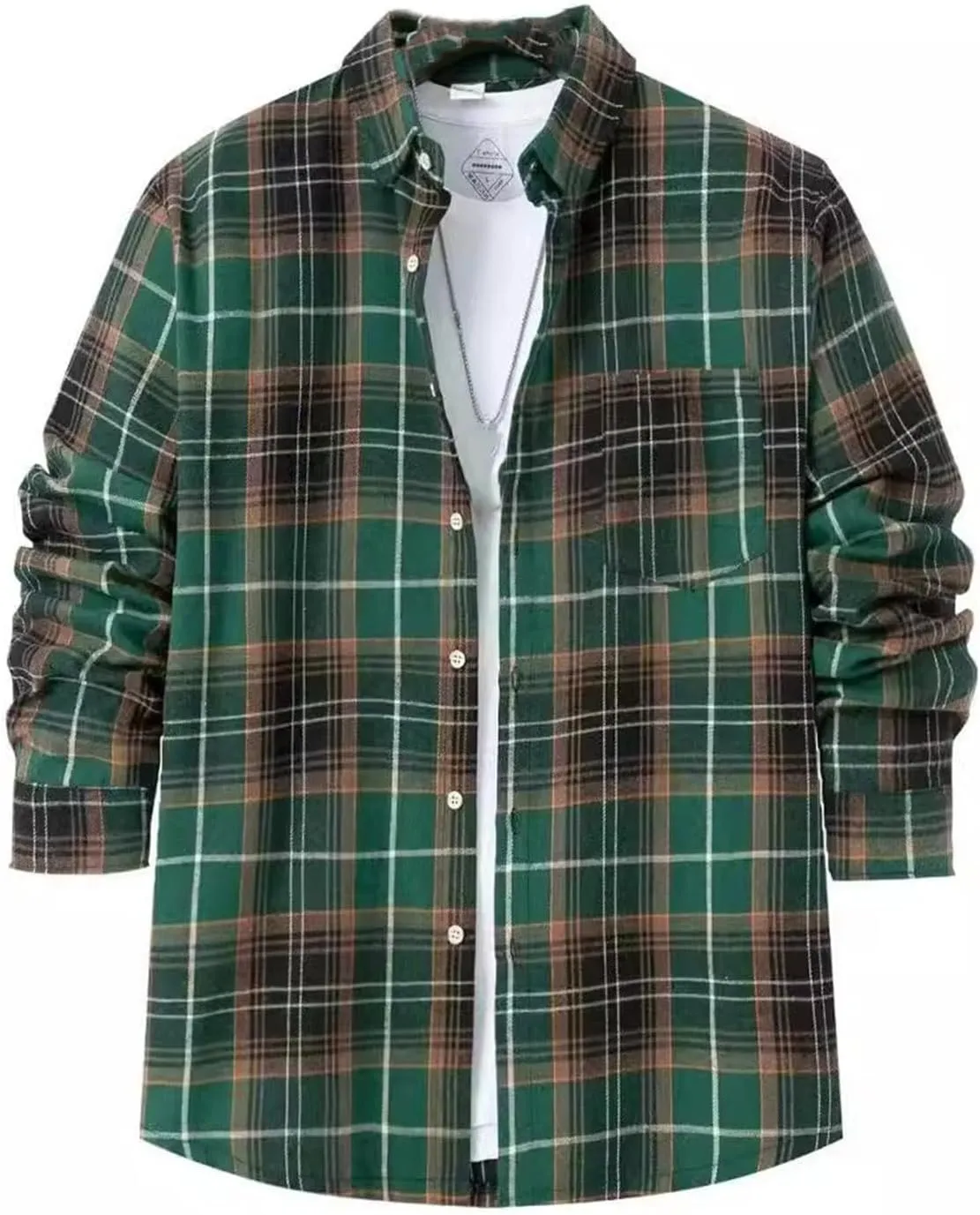 Mens Plaid Shirt Long Sleeve Button Down Lapel Collar Coat Casual Loose Jacket with Pockets Fall and Winter
