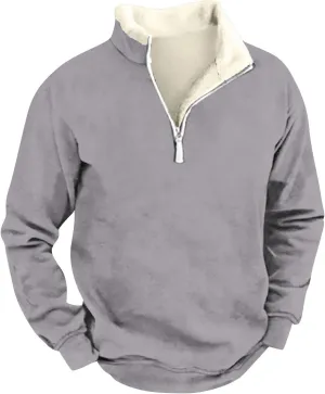 Men's Quarter Zip Sweatshirts Long Sleeve Solid Color Pullover With Fleece Collar Sweater and Pocket, M-5XL
