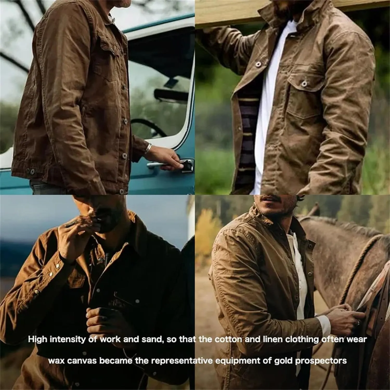 Mens Retro Heavyweight Canvas Oil Waxed Jacket Cotton Spring Fall Khaki Casual Outdoor Work Style Jacket