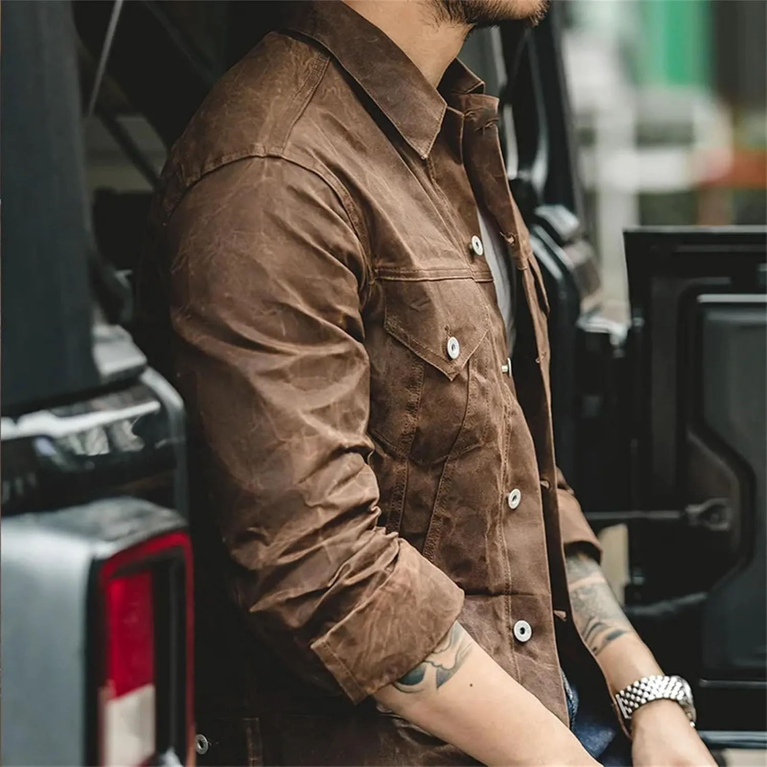 Mens Retro Heavyweight Canvas Oil Waxed Jacket Cotton Spring Fall Khaki Casual Outdoor Work Style Jacket