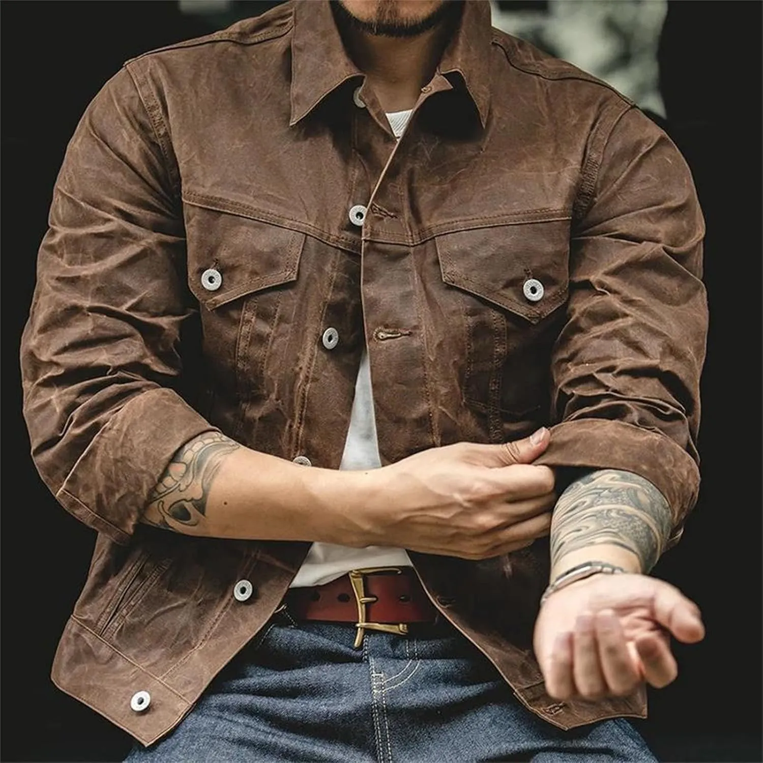 Mens Retro Heavyweight Canvas Oil Waxed Jacket Cotton Spring Fall Khaki Casual Outdoor Work Style Jacket
