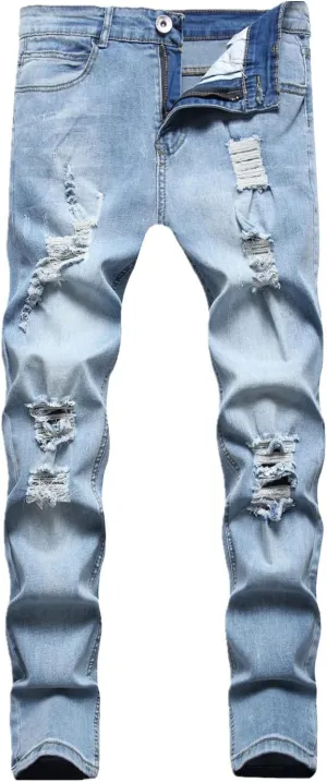 Men's Ripped Jeans  Fashionable Slim Fit Stretch Denim with Patches,Ripped Distressed Destroyed Straight Slim Fit Jeans