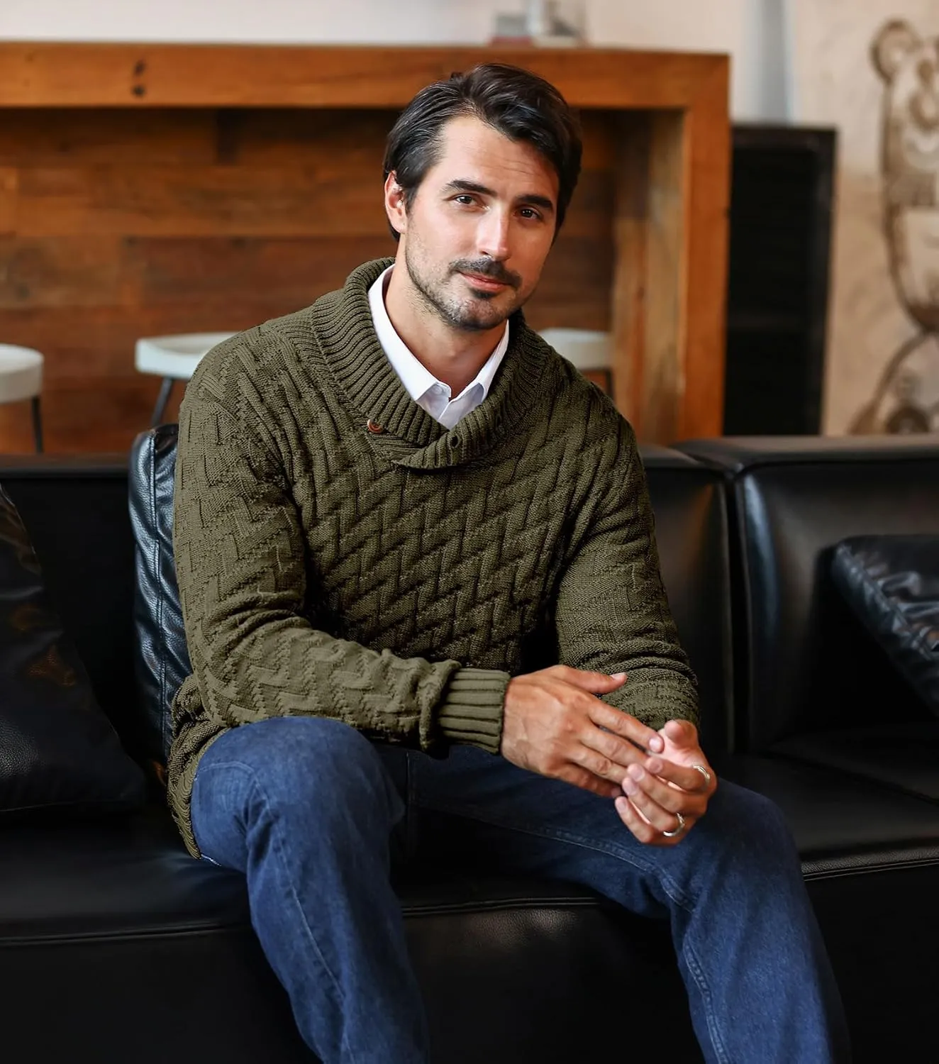 Men's Shawl Collar Pullover Sweater Casual Cable Knit Button Sweaters Tops for Winter (S-5XL)