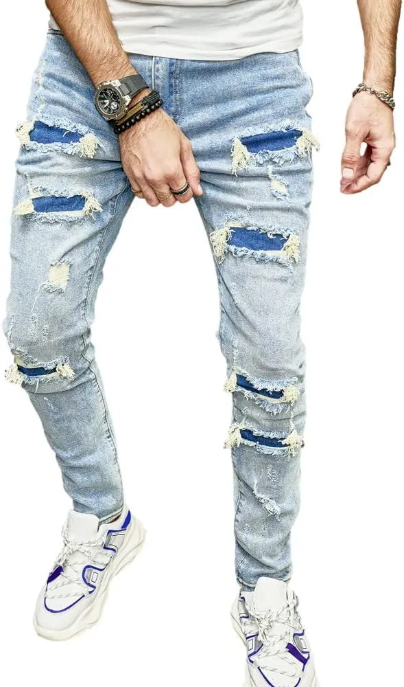 Men's Slim Fit Stretch Jeans Ripped Skinny Jeans for Men, Distressed Straight Leg Streetwear Comfort Male Pants