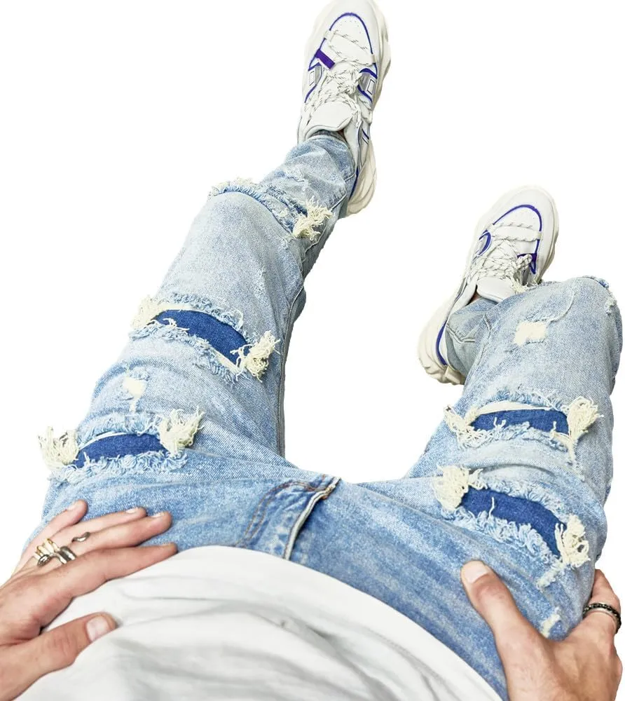 Men's Slim Fit Stretch Jeans Ripped Skinny Jeans for Men, Distressed Straight Leg Streetwear Comfort Male Pants
