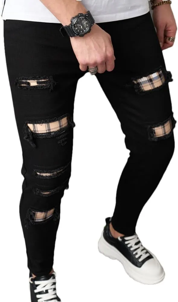 Men's Slim Fit Stretch Jeans Ripped Skinny Jeans for Men, Distressed Straight Leg Streetwear Comfort Male Pants