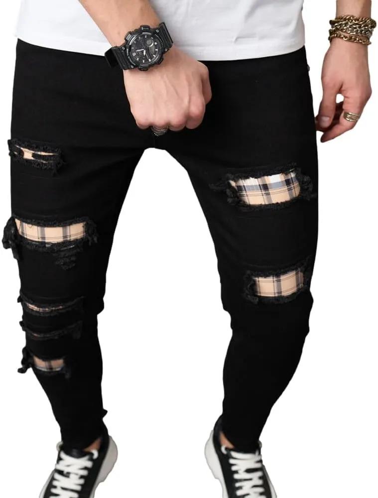 Men's Slim Fit Stretch Jeans Ripped Skinny Jeans for Men, Distressed Straight Leg Streetwear Comfort Male Pants