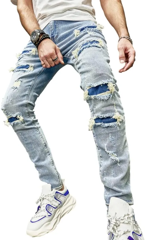 Men's Slim Fit Stretch Jeans Ripped Skinny Jeans for Men, Distressed Straight Leg Streetwear Comfort Male Pants