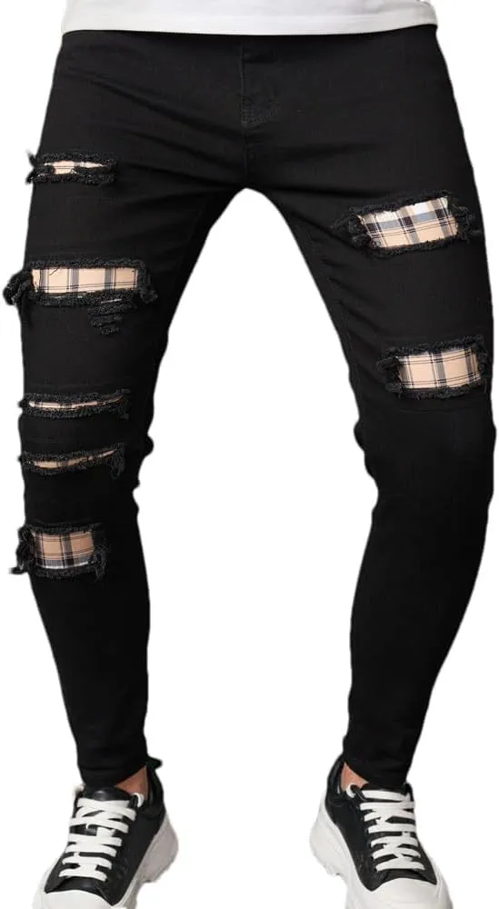 Men's Slim Fit Stretch Jeans Ripped Skinny Jeans for Men, Distressed Straight Leg Streetwear Comfort Male Pants
