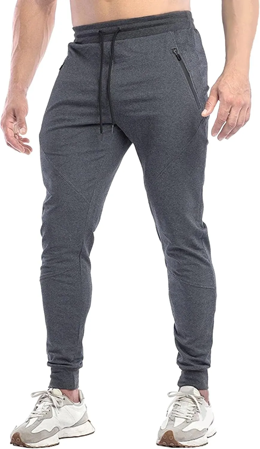 Men's Slim Fit Stretch Solid Hiking Pants Cotton Casual Running Athletic Pants Elastic Waist Zipper Trousers