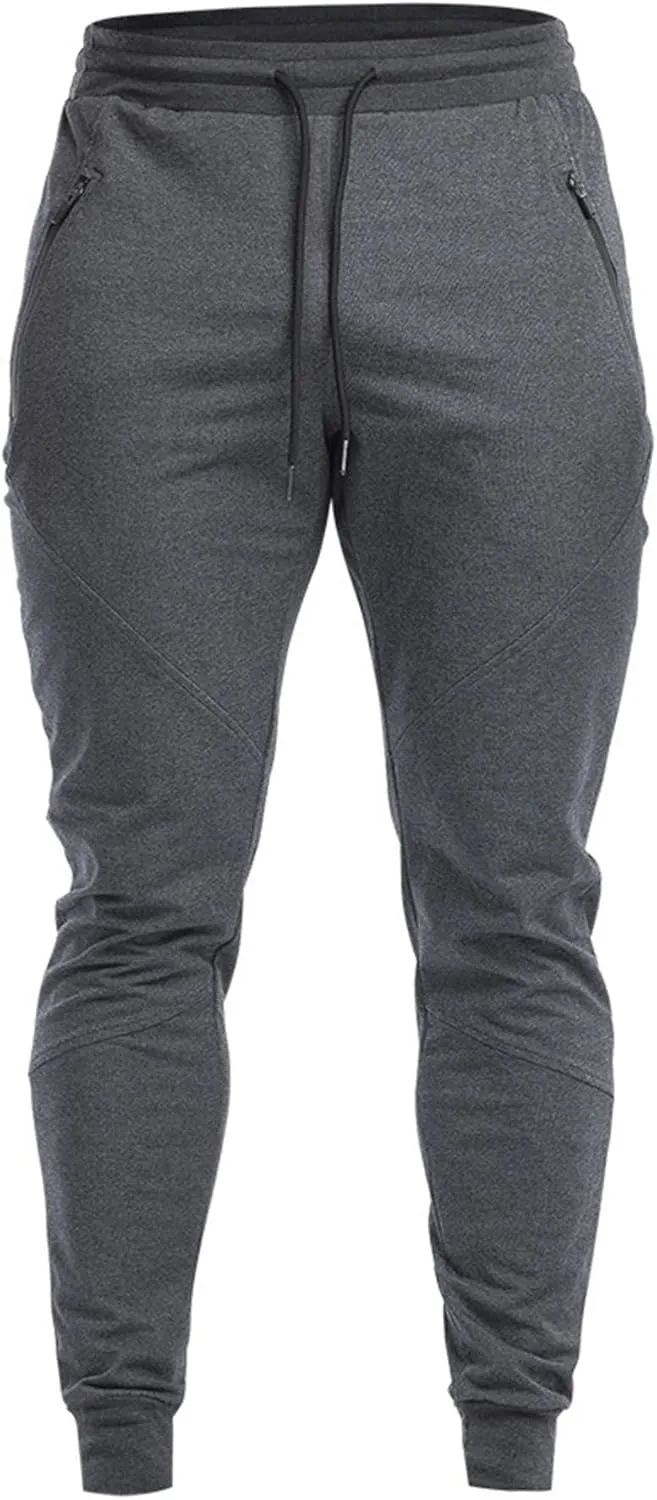 Men's Slim Fit Stretch Solid Hiking Pants Cotton Casual Running Athletic Pants Elastic Waist Zipper Trousers