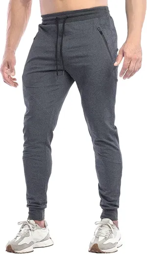 Men's Slim Fit Stretch Solid Hiking Pants Cotton Casual Running Athletic Pants Elastic Waist Zipper Trousers