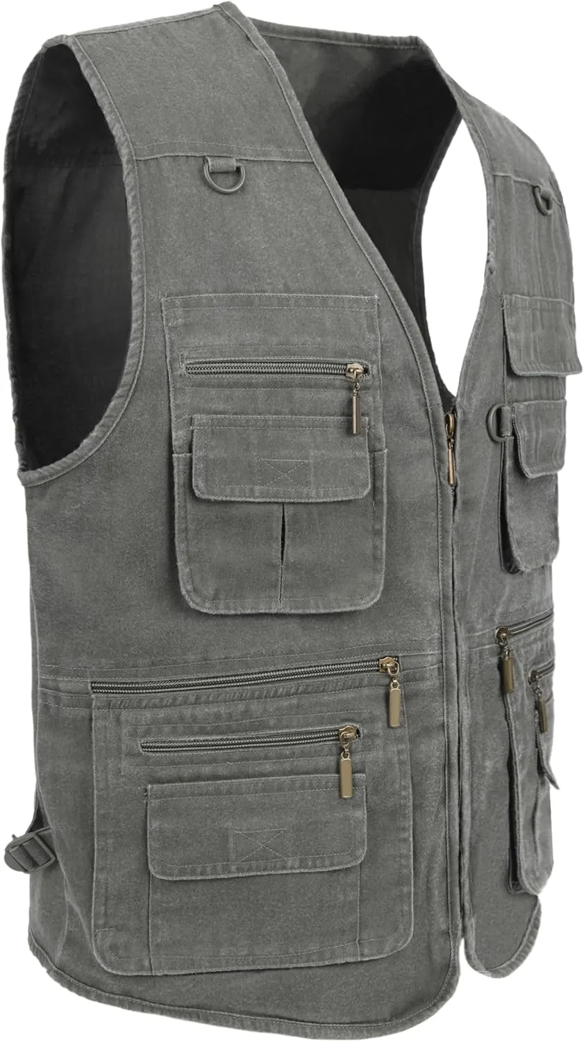 Men's Stone Washed Denim Multi-pocketed Fishing Work Outerwear Vest